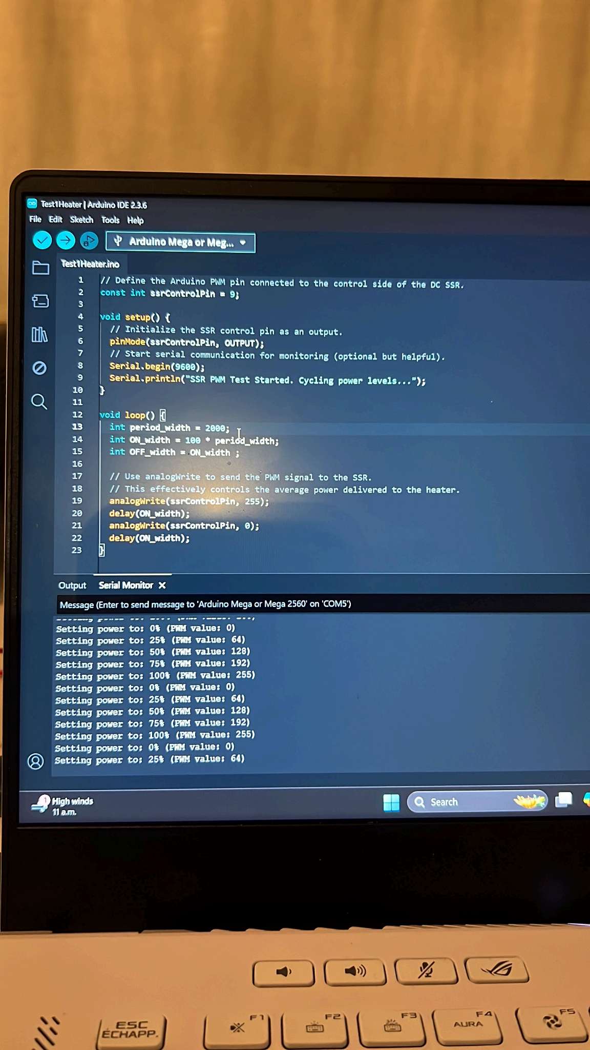 Arduino IDE TestHeater sketch running on a laptop
