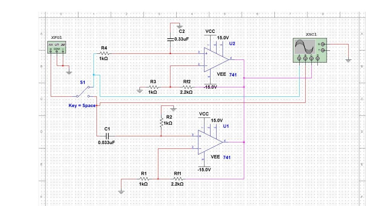 HP/LP dual filter schematic with SPDT switch and two 741 op-amps