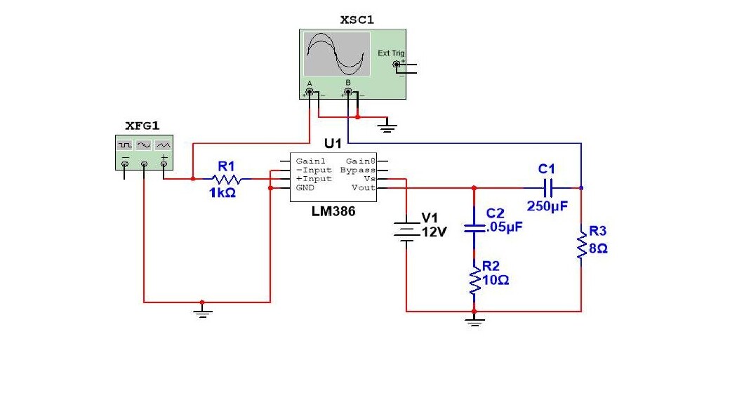 LM386 audio amplifier schematic with 8 ohm speaker and gain network
